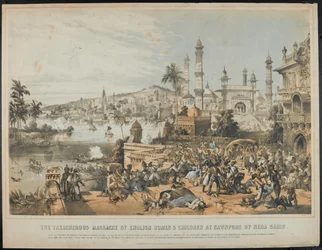 Zrádný masakr anglických žen a dětí v Cawnpore, který provedl Nena Sahib během indické vzpoury v roce 1857, vytištěno 12. října 1857 (tónovaná litografie)