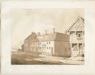 Abbots Bromley Almshouses: sépiová lavírovaná kresba