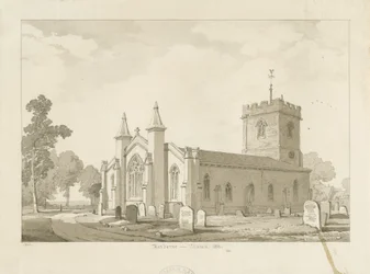 Harborne Church: sépie lavírovaná kresba