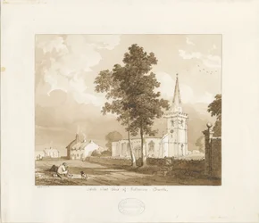 Rolleston Church: kresba v červené sépii, 1836