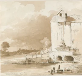 Hrad Tutbury: Pohled do dálky od River Dove: kresba tužkou a lavírováním, 1836