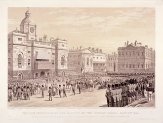 Předání Krymské medaile královnou Viktorií plukovníku siru Thomasu Trowbridgeovi, 18. května 1855