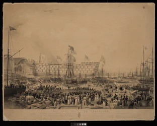 Spuštění lodi Trafalgar na vodu za přítomnosti Jejího Veličenstva královny Viktorie a Jeho královské Výsosti prince Alberta v H.M.Dock Yard ve Woolwichi...