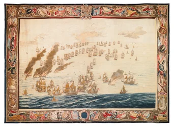 Historická tapisérie z bitvy u Solebay, Mortlake, návrhy připisované Williamu van de Velde, kolem roku 1688