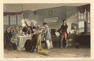 Snídaňová místnost hotelu Old Bell Inn, Scarborough. Hosté pijí kávu, čtou noviny, snídají v místnosti Regency. Ručně kolorovaná mědirytina Thomas Rowlandson, akvatinta J. Bluck, podle skici J. Greena z Poetical Sketche