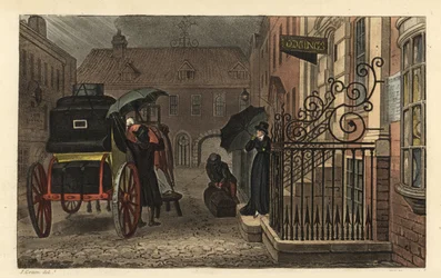Odjezd: Turisté nakládají za deště zavazadla na kočár před hotelem. Ručně kolorovaná mědirytina Thomas Rowlandson, akvatinta J.C. Stadler, podle skici J. Greena z Poetical Sketches of Scarborough, Ackermann, Londýn