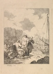 Rybáři u pobřeží - Pobřežní scéna s mužem sedícím na skalách a kouřícím dýmku, Nex..., 1786.
