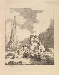 Rybáři u břehu - Pobřežní scéna s mužem sedícím na zemi a opřeným o loket o..., 1786.