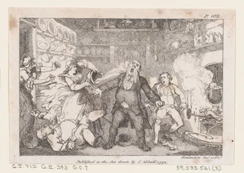 Hosteska vypouští pánev krve do tváře Parsona Andrewse, z The Adventures of..., 1792.