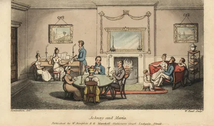 Johnny se dvoří Marii v salonu, zatímco ostatní hrají karty a zpívají písně před krbem. Ručně kolorovaná mědirytina od W. Reada podle ilustrace Thomase Rowlandsona z knihy Alfreda Burtona The Adventures of Johnny Newcombe in the Navy, Si