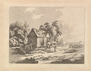 Krajina s postavami skladujícími seno ve stodole, vlevo ležící vůz a kůň, 1783-84.
