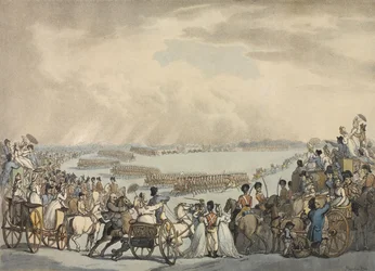 Light Horse Volunteers z Londýna a Westminsteru, velel plukovník Herries, zkontrolováno Jeho Veličenstvom na Wimbledon Common, 5. července 1798 (barevná akvatinta)