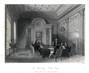 Setkání lordů admirality v zasedací místnosti, admirality. Ocelová rytina Henry Melville podle ilustrace Thomase Rowlandsona z London Interiors, Their Costumes and Ceremonies, Joshua Mead, Londýn