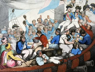 Napoleonské války, egyptské tažení (expedice) (1798-1801): Admirál Horatio Nelson (1758-1805) slaví se svými vojáky slavné vítězství v bitvě na Nilu (bitva u Abúkiru) (srpen 1798) na palubě své lodi.