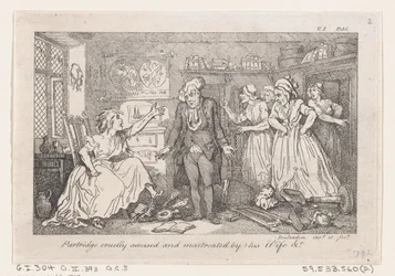 Partridge krutě obviněn a týrán svou manželkou, z Historie Toma Jonese, Fo..., 1792.