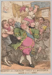Obnovení Dormant Title nebo Breeches Maker staňte se Lordem, hospodě. 1805 (ručně kolorovaná rytina)