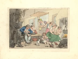 Regency švec opravuje boty v přeplněné místnosti.