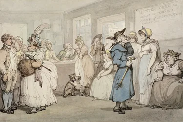 Registrační úřad pro najímání sluhů, cca 1805 (pero a inkoust s akvarelem na papíře)