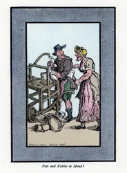 Roaming a klient retamer ukazující dno hrnce. Na přenosné lavici udeří kladivem do kovového hrnce. Dřevoryt podle malby Thomase Rowlandsona (1756-1827), publikované v The Cris of London: se šesti okouzlujícími dětmi a téměř 40 lety
