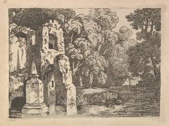Ruiny vedle bazénu v zalesněné krajině, 1783-84.
