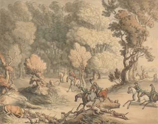 Stag at Bay - Scene near Taplow, Berks, c.1795-1801 (pero, inkoust, akvarel s nádechem tělové barvy na papíře)