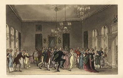 Ball Room: módní turisté tančící ve Scarborough Assembly Rooms. Každý tančící gentleman platí 2 a každá dáma, která pije čaj, platí 1 s. Ručně kolorovaná mědirytina Thomase Rowlandsona podle skici J. Greena z Poetical Sketches