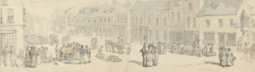 The High Street na Market day, Newport, Isle of Wight, cca 1797-1800 (pero, inkoust a wc na papíře)