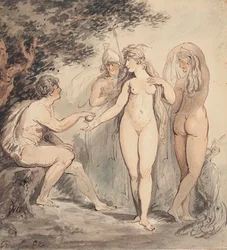 Pařížský soud, signováno "Rowlandson" (vlevo dole), pero a hnědá tuš a akvarel, 7 ¼ x 6 ¾ palce. (18,4 x 17,2 cm).