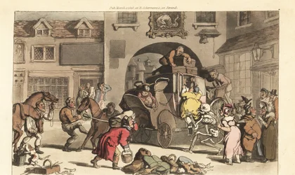 Kostra Smrti pomáhá velké matróně na osudnou Poslední fázi. Ručně kolorovaný mědiryt nakreslený a rytý Thomasem Rowlandsonem z The English Dance of Death, Ackermann, Londýn