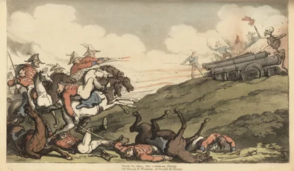 Kostra Smrti spustí palbu z děla na útok anglické jízdy. Ručně kolorovaný mědiryt nakreslený a rytý Thomasem Rowlandsonem z The English Dance of Death, Ackermann, Londýn