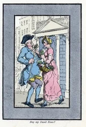 Cestující prodavač květin, blíží se k usmívajícímu se pánovi s malou kyticí růží (1819). Dřevoryt podle malby Thomase Rowlandsona (1756-1827), publikované v The Cris of London: se šesti půvabnými dětmi a téměř 40 ilustracemi, b