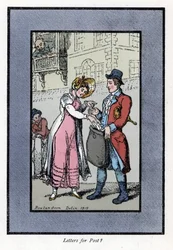 Žena platí a dává dopis do tašky, kterou nese zaměstnanec britské královské pošty. Dřevoryt podle malby Thomase Rowlandsona (1756-1827), publikované v The Cris of London: se šesti okouzlujícími dětmi a téměř 40 ilustracemi, od An