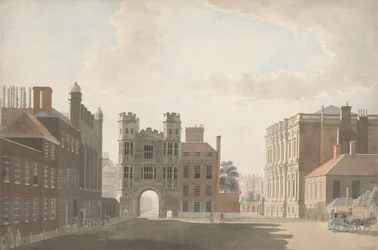 Whitehall zobrazující Holbeinovu bránu a hodovní síň