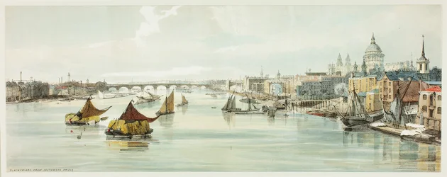 Blackfriars, ze Southwark Bridge, deska šest z Original Views of London as It Is