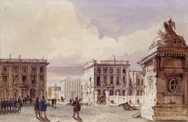 Hotel de Bellevue a Cafe d"Amitie Seen from the Park, Brusel, 1830