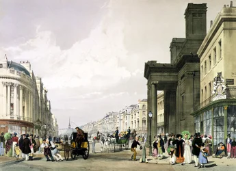 Regent Street při pohledu na kvadrant s Hannoverskou kaplí v popředí a promenádou nakupujících, 1842