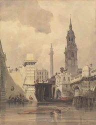 Kostel svatého Magnuse mučedníka, London Bridge, s pomníkem v pozadí