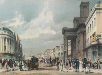 Pohled na Regent Street při pohledu na kvadrant s Hannoverskou kaplí v popředí, 1842