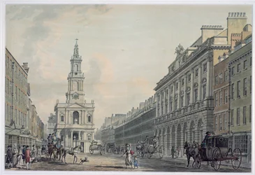 Strand s Somerset House a St. Mary le Strand, 1781 (akvatinta)