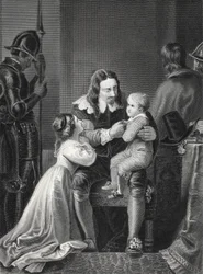 Anglický král Karel I. loučící se se svými dětmi před popravou, vyryl A.H. Payne