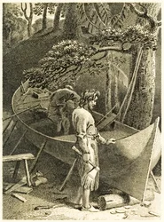 ?Robinson Crusoe a Friday dělají loď? z ?Život a podivná překvapivá dobrodružství Robinsona Crusoe nebo York, Mariner? od Daniela Defoe