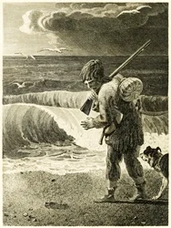 "Robinson Crusoe objevil otisk mužské nohy?" z ?Život a podivná překvapivá dobrodružství Robinsona Crusoe nebo York, Mariner? od Daniela Defoe