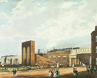 Vchod do Manchester Across Water Street, vyrytý Henry Pyall (1795-1833) vydal Ackermann und Co., 1831 (barevná akvatinta)