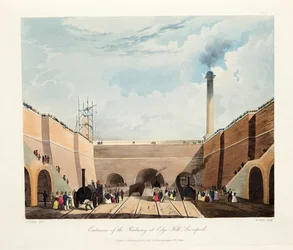 Vchod do železnice v Edge Hill, Liverpool, 1831 (ručně kolorovaná rytina)
