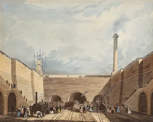 Entrance of the Railway at Edge Hill, Liverpool, vyryto H. Pyallem, 1831 (ručně kolorovaný lept a akvatinta)