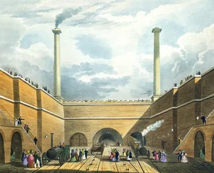 Vjezd na železnici v Edge Hill, Liverpool, deska 2 z knihy "Liverpool and Manchester Railway", vyryl S.G. Hughes, vyd. Ackermann und Co., 1833