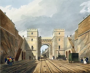 Maurský oblouk, pohled z tunelu, tabule 10 z „Liverpool and Manchester Railway“, rytina S.G. Hughes, vydal R. Ackermann, 1831