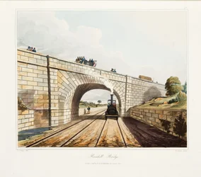 Rainhill Bridge, publikoval 1831 (ručně kolorovaná rytina)