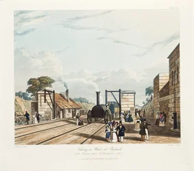 Užívání vody v Parkside (stanice, kde padl pan Huskisson), publikováno 1831 (ručně kolorovaná rytina)