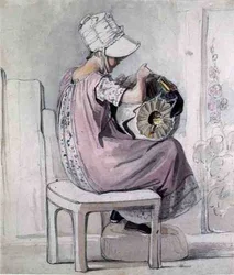 A Girl Krajkařství (akvarel a tužka na papíře)